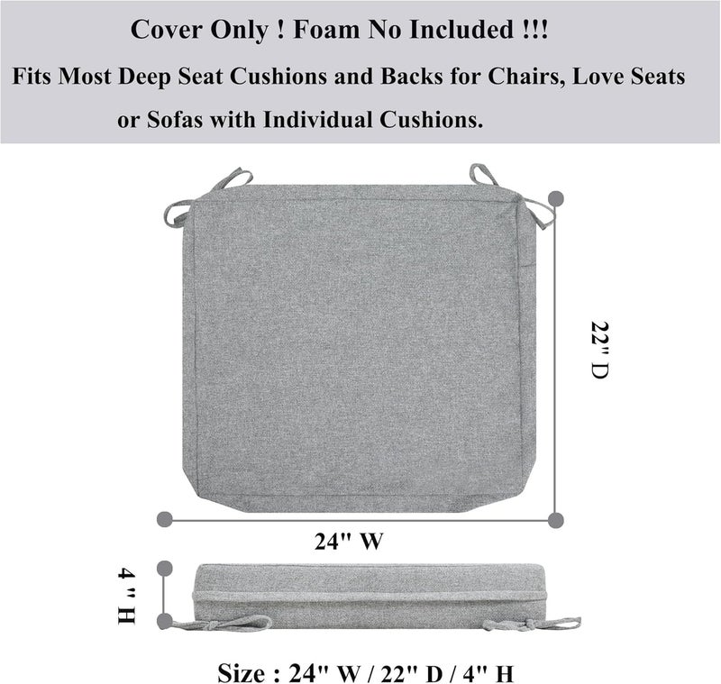 FUNHOME 2 Pack Outdoor Cushion Covers 24" x 22" x 4", No Insert! Chair Cushion Cover for Outdoor Furniture, Patio Chair Cushion Covers with Zipper and Tie, Replacement Cover Only(Light Grey) - Image 2